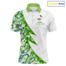 Load image into Gallery viewer, Front view Funny Flamingo green clover pattern white mens golf polo shirt St Patrick Day golf apparel
