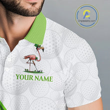 Load image into Gallery viewer, Close-up breathable polyester fabric texture on Funny Flamingo green clover pattern white mens golf polo shirt