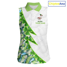 Load image into Gallery viewer, Front view Funny Flamingo green clover white womens sleeveless golf polo shirt St Patrick Day golf apparel