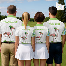 Load image into Gallery viewer, Funny Flamingo Green Clover Pattern White Mens Golf Polo Shirt, Custom St Patrick Day Golf Apparel NBT852