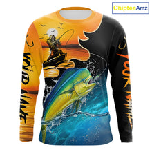 Load image into Gallery viewer, Marlin long sleeve fishing shirt with a fish reaper and sunset design