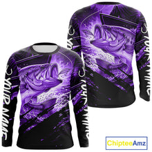 Load image into Gallery viewer, Purple and black long sleeve fishing shirt with largemouth bass fish design =
