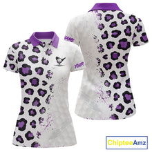 Load image into Gallery viewer, White polo shirt with purple and black leopard print pattern