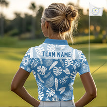 Load image into Gallery viewer, Person wearing a blue and white patterned golf polo shirt with 'TEAM NAME' on a golf course