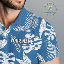 Load image into Gallery viewer, Blue shirt with tropical leaf pattern and 'YOUR NAME' text