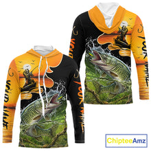 Load image into Gallery viewer, Personalized Fish Reaper Sunset Design Northern Pike Long Sleeve Hooded Fishing Shirts NBT675