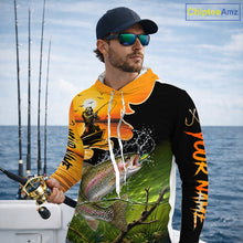 Load image into Gallery viewer, Personalized Fish Reaper Sunset Design Rainbow Trout Long Sleeve Hooded Fishing Shirts NBT676