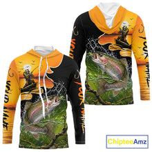 Load image into Gallery viewer, Personalized Fish Reaper Sunset Design Rainbow Trout Long Sleeve Hooded Fishing Shirts NBT676