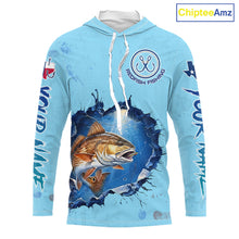 Load image into Gallery viewer, Custom Redfish Fishing Long Sleeve Hooded Tournament Shirts, Redfish Saltwater Fishing Apparel | Blue NBT686