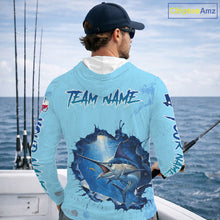 Load image into Gallery viewer, Custom Marlin Fishing Long Sleeve Hooded Tournament Shirts, Marlin Saltwater Fishing Apparel | Blue NBT688
