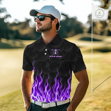 Load image into Gallery viewer, Golfer wearing custom Purple Flame Reaper golf polo shirt on the course