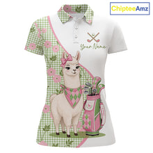 Load image into Gallery viewer, Front views of a womens funny alpaca plaid pattern golf polo shirt, name text on the chest.