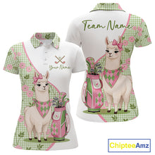 Load image into Gallery viewer, Front and back views of a womens funny alpaca plaid pattern golf polo shirt, name text on the chest and team name on the back.