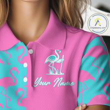 Load image into Gallery viewer, Close-up of pink and blue flamingos pattern on women’s golf polo shirt