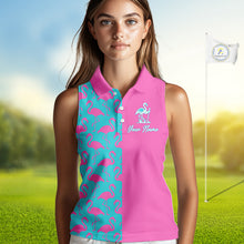 Load image into Gallery viewer, Woman wearing a pink and blue flamingo pattern sleeveless golf polo shirt with custom name on the chest