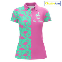 Load image into Gallery viewer, Front view of women’s golf polo shirt with pink and green flamingos pattern