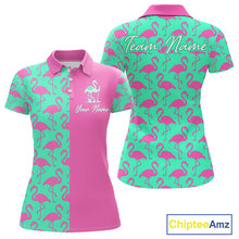 Load image into Gallery viewer, Front and back view of women’s long sleeve golf polo shirt with pink and green flamingos pattern and personalized name
