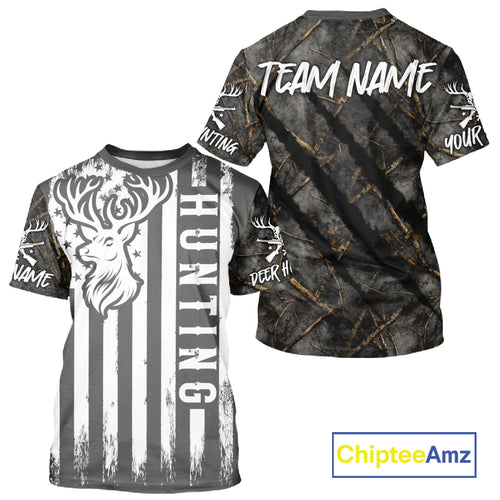 Personalized Dark Camo Deer Hunting Shirt with US Flag & Deer Buck, Hunter Gifts NBT60