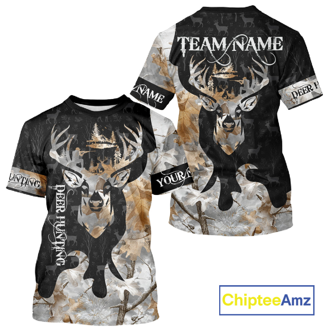 Snowfall Deer Hunting Hoodie, Longsleeves Shirt – Winter Camo Custom Name for Big Game Hunters NBT33