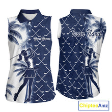Load image into Gallery viewer, Blue Tropical Palm Trees Golf Club Pattern Womens Sleeveless Golf Polo Shirts Custom Team Golf Shirt NBT567