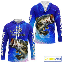 Load image into Gallery viewer, Blue Camo Bass Long Sleeve Hooded Fishing Shirts Thunder Light, Custom Name Bass Fishing Shirts NBT455