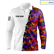 Load image into Gallery viewer, Colorful Skull American Flag Mens Long Sleeve Polo Shirt Front View Custom Name