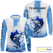 Load image into Gallery viewer, Front and back view Sailfish Performance Fishing Shirt custom sleeve UPF long sleeve fishing shirt