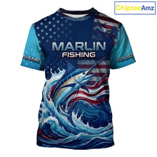 Load image into Gallery viewer, Personalized American Flag Marlin Fishing Shirts, Patriotic Marlin Fishing T-Shirts NBT841