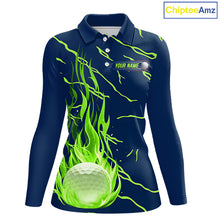 Load image into Gallery viewer, front view of long sleeve green flame golf balls womens golf polo shirt for ladies