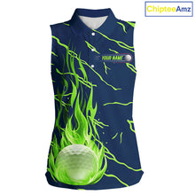 Load image into Gallery viewer, front view of green flame golf balls womens sleeveless golf polo shirt for ladies