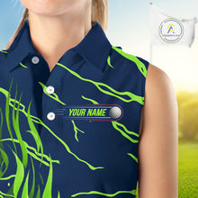 Load image into Gallery viewer, close up of green flame golf balls print on womens sleeveless golf polo shirt