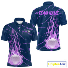 Load image into Gallery viewer, Golf balls purple flame pattern mens golf polo shirt - back view