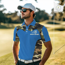Load image into Gallery viewer, Mens Disc Golf Polo Shirt Custom Name Camo Disc Golf Basket, Personalized Disc Golf Shirts|Blue NBT640
