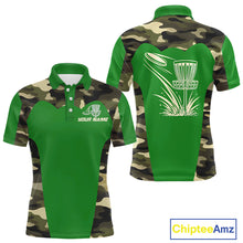 Load image into Gallery viewer, Mens Disc Golf Polo Shirt Custom Name Camo Disc Golf Basket, Personalized Disc Golf Shirts|Green NBT641