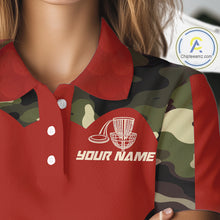 Load image into Gallery viewer, Womens Disc Golf Polo Shirt Custom Name Camo Disc Golf Basket, Personalized Disc Golf Shirts|Red NBT642