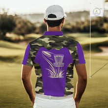 Load image into Gallery viewer, Mens Disc Golf Polo Shirt Custom Name Camo Disc Golf Basket, Personalized Disc Golf Shirts|Purple NBT643