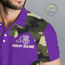 Load image into Gallery viewer, Mens Disc Golf Polo Shirt Custom Name Camo Disc Golf Basket, Personalized Disc Golf Shirts|Purple NBT643