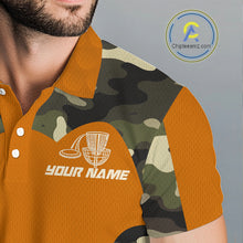 Load image into Gallery viewer, Mens Disc Golf Polo Shirt Custom Name Camo Disc Golf Basket, Personalized Disc Golf Shirts|Orange NBT644