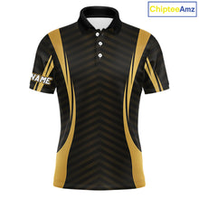 Load image into Gallery viewer, Front view Custom Skull mens golf polo shirt black gold design with custom name on chest