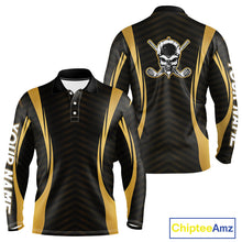 Load image into Gallery viewer, Front and back view Custom Skull mens long sleeve golf polo shirt black gold design with custom name on sleeve 