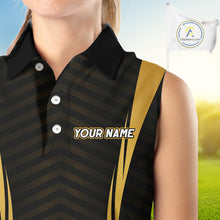 Load image into Gallery viewer, Close-up fabric Custom Skull womens sleeveless golf polo shirt black gold personalized golf polo for men