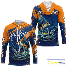 Load image into Gallery viewer, Front and back view Custom Marlin Fishing Blue Orange long sleeve hooded shirt, Marlin saltwater fishing jersey with UPF protection