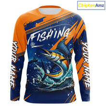 Load image into Gallery viewer, Custom Marlin Fishing Blue Orange Long Sleeve Shirts, Marlin Saltwater Fishing Jerseys NBT857