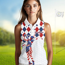 Load image into Gallery viewer, American Flag Sleeveless Golf Polo Shirt For Womens Patriotic White Golf Shirt 4th of July Golf Outfit Golf Gifts NBT520