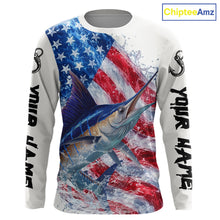 Load image into Gallery viewer, American Flag Patriotic Marlin Fishing Custom Long Sleeve Shirts, 4th of July Fishing Tournament Shirts NBT526
