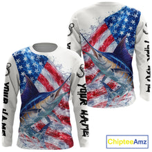 Load image into Gallery viewer, American Flag Patriotic Marlin Fishing Custom Long Sleeve Shirts, 4th of July Fishing Tournament Shirts NBT526