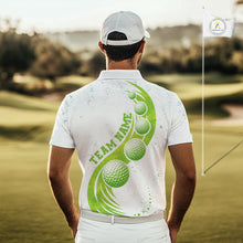 Load image into Gallery viewer, Mens Golf Polo Shirt Green Golf Ball Pattern Custom Name White Golf Shirts, Golf Gifts For Men NBT536