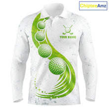 Load image into Gallery viewer, Mens Golf Polo Shirt Green Golf Ball Pattern Custom Name White Golf Shirts, Golf Gifts For Men NBT536