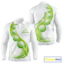 Load image into Gallery viewer, Mens Golf Polo Shirt Green Golf Ball Pattern Custom Name White Golf Shirts, Golf Gifts For Men NBT536