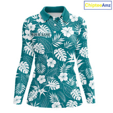 Load image into Gallery viewer, Teal long sleeve golf shirt with white floral pattern on a white background